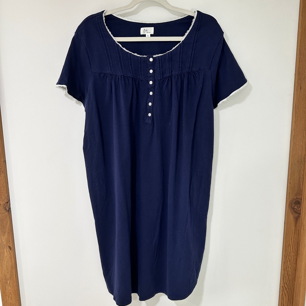 Aria Collection Nightgown Women XL Navy Blue Lace Trim Henley Pleated | Coquette